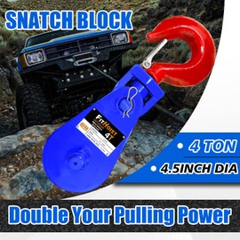 FITHOIST 4 Tons Snatch Block with Hook | 4 1/2" Sheave for 1/2" Inch Wire Rope | High Strength Snatch Blocks for Towing and Recovery Applications | Tow Truck Rollback Wrecker Car Hauler Winch…