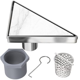 Hydroware Triangle Shower Drain - Stainless Steel Triangular Shape Shower Floor Corner Drain with Removable Patterned Grate, Hair Strainer, Threaded Adapter (8 x 11 Inches, Tile Insert)