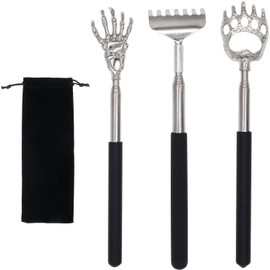 Xpudding Back Scratcher Set, 3 Pack Stainless Steel Telescoping Scratchers with Bear Claw, Skeleton Hand, Paw Design, Black Handle with Storage Pouch
