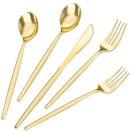 LIYH 360 Pcs Heavyduty Gold Plastic Silverware Set - Elegant Gold Silverware Disposable Utensils Set for Weddings, Parties & Events - Includes Forks, Spoons, Knives, Cutlery Tableware