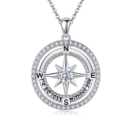 VONALA Compass Necklace for Women Sterling Silver Graduation Necklace for Her Mothers Day Gifts for Wife I Love You Gifts for Girlfriend I'd be Lost without You, 31*25, Sterling Silver, Cubic Zirconia