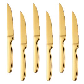 QRU 6-Piece Serrated Steak Knife Set, Stainless Steel Kitchen & Dinner Knives - Ultra Sharp, Dishwasher Safe, Heavy Duty for Meat, Beef & Family Meals, 8.6 Inch (Gold)