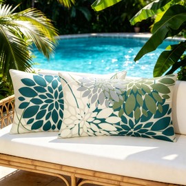 DecorMommt Set of 2 Waterproof Cushion Covers, Outdoor Sofa Cushion, Blue and Green, Dahlia Flower Pattern, Modern Decorative Cushion Covers, Linen for Car, Home, Bed, Office, Cafe, Garden, Living Room, 30 x 50 cm