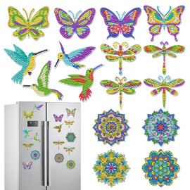 Sitsink Diamond Art Painting Magnets - 16 Pcs Diamond Painting Kits Fridge Stickers Butterfly Dragonfly Humming Bird, Mandala Refrigerator Dimond Magnet Kits for Adults