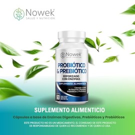 Nowek | Pre y Probióticos + Enzimas Digestivas 1000 mg | 60 Cápsulas | Suplemento Alimenticio | Ingredientes Naturales | No exceder dosis