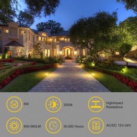 JESLED Outdoor Landscape Lights, 6W LED In Ground Well Lights, 12V 24V 3000K Warm White, IP67 Waterproof Low Voltage Landscaping Spotlight for Driveway Deck Step Yard Fence Garden Pathway (6 Pack)