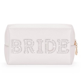 Bride Cosmetic Bag, Etercycle Bride to Be Gifts Bling Pearl Letter Rhinestone Patch Makeup Bag, Waterproof PU Travel Toiletry Bag for Bachelorette Party Women Wedding Bridal(Silver)