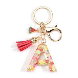 SHTALHST Initial Letter Keychain,Cute Fruit-Elements Initial Letter A Keychain,Pink Tassel Watermelon Charms Keychains for Women