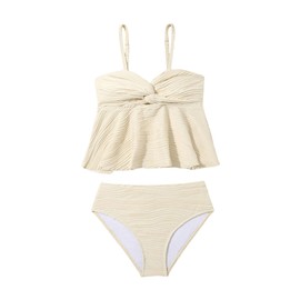 OYOANGLE Girl's 2 Piece Textured Tankini Swimsuit Twist Front Ruched Ruffle Bikini Set Bathing Suits Beige 12Y