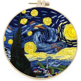 Meecaa Starry Sky Moon Van Gogh Embroidery Kit Starter Set, Hand Embroidery Set,Pattern Printed Cross Stitch Set for Beginner Adults, with Embroidery Hoop and Instructions (Starry Sky)