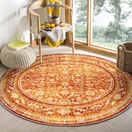 OPPODREAM Vintage Orange Round Rug 4ft, 4 ft Retro Washable Circle Rug Non Slip, Low-Pile Faux Wool Circular Carpet, Soft Distressed Floor Mat for Living Room, Bedroom, Office, Dorm, Dinning Room