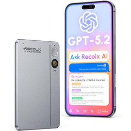RECOLX AI Voice Recorder & Transcriber with GPT-5.2 Analysis – 30-Hour Recording, 112-Language Speech-to-Text & Auto Summary for Meetings, Lectures & Interviews,Grey