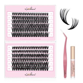 NATUHANA DIY Eyelash Extension Kit, 40P + 50P Volume Lash Clusters, 8-16 mm Mixed Tray, 0.07 mm, DIY Eyelash Extension, 240 Pieces Eyelash Cluster Kit with Eyelashes, Tweezers & Glue (40p + 50p, Black