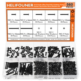 HELIFOUNER 560 Pieces M2.5 x 4mm /6mm /8mm /10mm /12mm /16mm /20mm, Button Head Socket Cap Screws Bolts Washers Nuts Kit, 10.9 Grade Alloy Steel, Full Threaded, Black