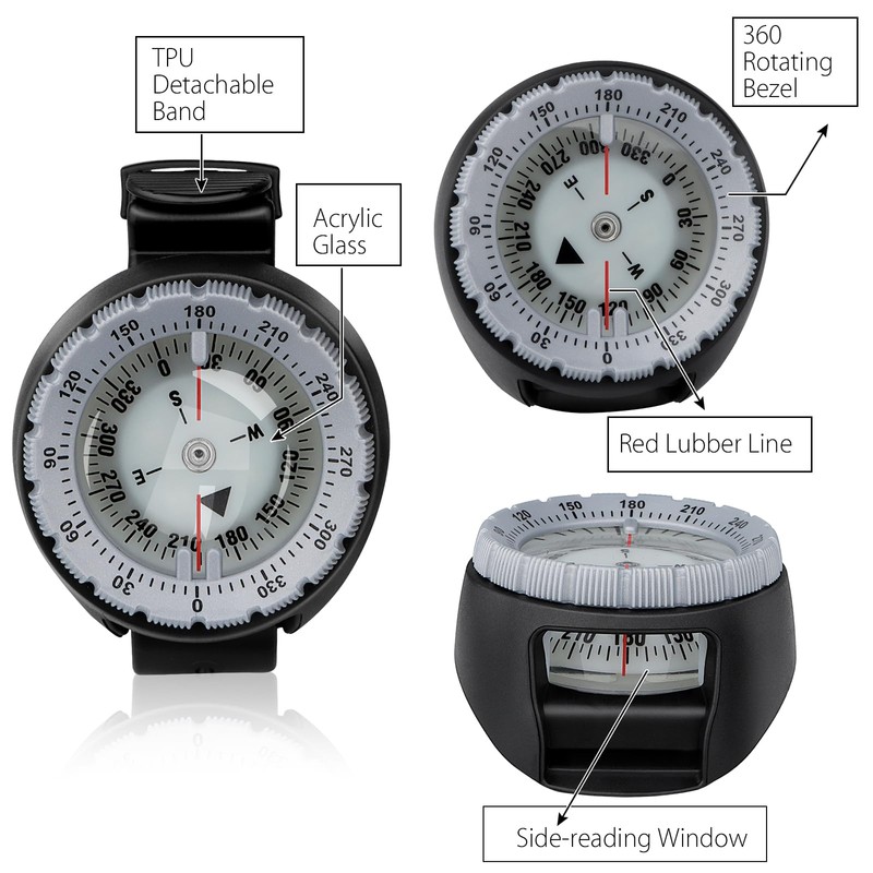 Scuba Compass, Professional Waterproof 5ATM Dive Wrist Compass with TPU