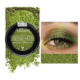 Afflano Olive Green Metallic Glitter Eyeshadow, Single Shimmering Deep Green Eyeshadow Palette, Small Metallic Eyeshadow Palette for Girls Women Smokey Eye Look, 24H