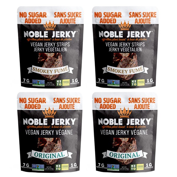 Noble Jerky - Healthy Vegan Snacks, Vegetarian, Plant Based (No Sugar - Added 2-Original, 2-Smokey Strips, 70 Gram Bags- 4 Bags)