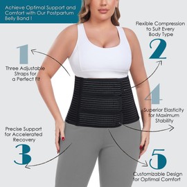 Postpartum Belly Band Abdominal Binder Post Surgery, for Natural Delivery & C-Section Recovery, 9.7" High Adjustable Compression Belly Wrap,Polyester Made with Bamboo Charcoal Fiber(Black, X-Large)