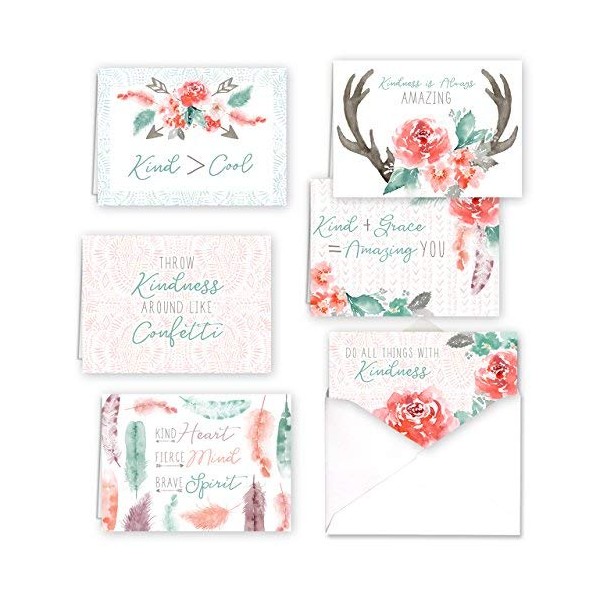 Native Choose Kind Encouragement Cards / 36 Motivational Cards / 6 Floral And Feather Designs / 4 7/8" x 3 1/2" Gratitude Assortment Card Pack
