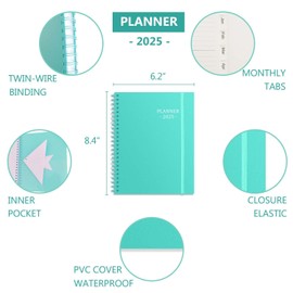 Tiankool Planner 2025 - Jan 2025-Dec 2025 Weekly Monthly Planner with 12 Monthly Tabs - 2025 Planner with Elastic Closure, Inner Pocket, Round Corner,5.8" x 8.25"- Turquoise