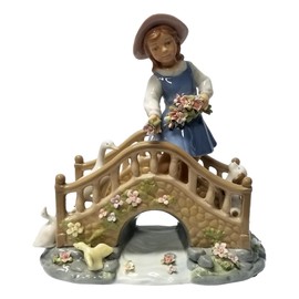 Hand Crafted Ceramic Girl Feeding Ducks On Bridge Music Box Décor Accessories