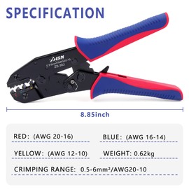 Zhushan - Crimpadora de alambre eléctrico de carraca, herramienta de prensado 30J (AWG 20-10/0.5~6mm²) para terminales aislados sin soldadura, con carraca y terminales aislados
