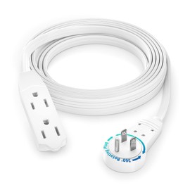 Maximm Cable 10 Ft 360° Rotating Flat Plug Extension Cord/Wire, 16 AWG Multi 3 Outlet Extension Wire, 3 Prong Grounded Wire - White - UL Certified