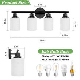 Guliaofo Bathroom Light Fixtures, 4-Light Matte Black Bathroom Vanity Light Fixture, Modern Bathroom Light Fixture with Frosted Glass Shade, Black Vanity Wall Lamps for Bathroom Mirror, E26 Base
