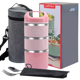 Easy Togo 3 Tier Lunch Box 43Oz-Pink Stainless Steel Stackable Lunch Box with Lunch Bag & Cutlery Set, Portable Lunchbox, Portion Control Meal Prep Togo Lunch Containers for Adults, Women, Men