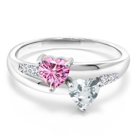Gem Stone King 925 Sterling Silver Lab Grown Diamond Ring Heart Shape Pink Moissanite and Aquamarine (1.00 Cttw, Size 6)