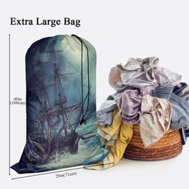 Swono Octopus Drawstring Closure Dirty Clothes Bag Organizer, Heavy Duty Large Laundry Bag, Sailboat Ocean Kraken Night Scene Rip-Stop Bags for Camp Travel, Oxford Cloth Machine Washable, Pirate Ship