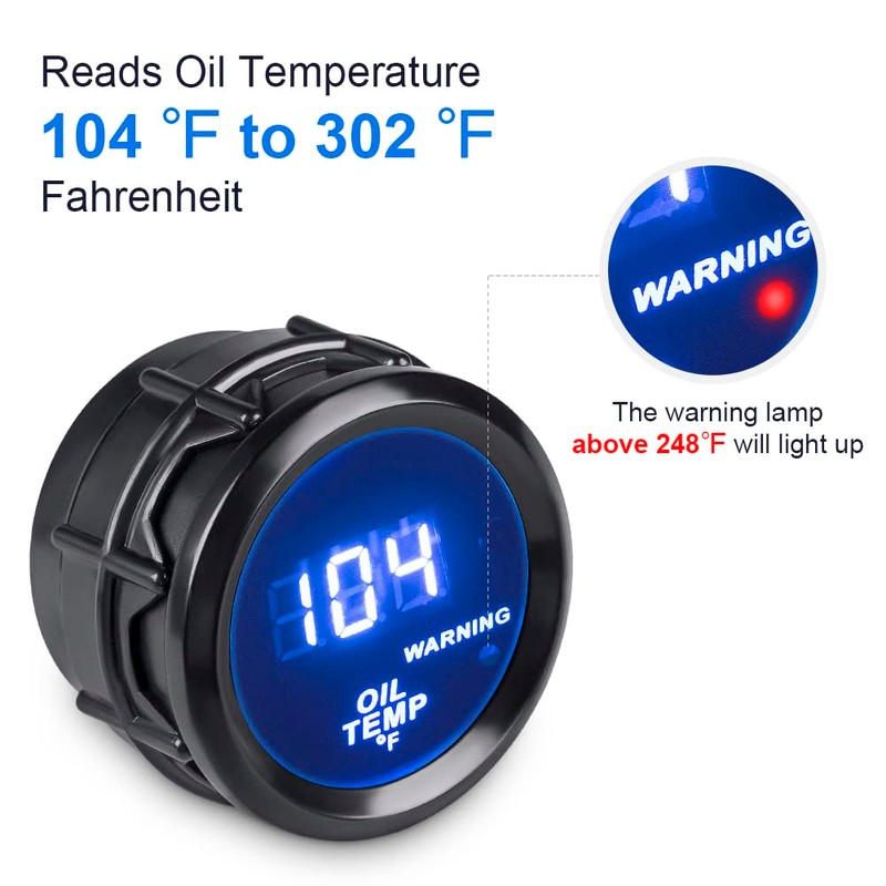 WATERWICH Oil Temp Temperature Gauge Meter Kit 104-302℉ DC12V 2inch