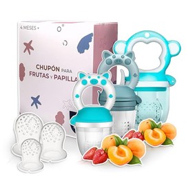 Chupones/Chupetes Ergonómicos para Frutas, Papillas y Cereales con Seguro y Tapa Protectora Libre de BPA, 3 Piezas Unisex de 4m+ (Pig - Azul/Pig - Blanco Azul/Monkey - Celeste)