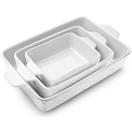 Krokori Casserole Dishes for Oven, Ceramic Baking Dishes, Lasagna Pan with Handles, Porcelain Baking Pan Deep, Bakeware for Baking, Cooking, Wedding Gift, Set of 3 (11.6" x 7.8", White)