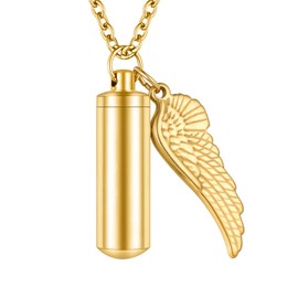 Dletay Cylinder Cremation Urn Necklace for Ashes Memorial Keepsake Pendant with Angel Wing Stainless Steel Cremation Jewelry(Gold)
