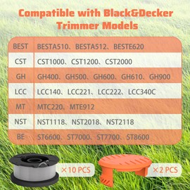 14 Pack Single Line Auto-Feed Replacement Weed Eater Trimmer Spool Compatible with Black+Decker AF-100, 0.065" Diameter & 30 Ft Longth with Cap Covers (2 Caps & 10 Spools & 2 Spring)