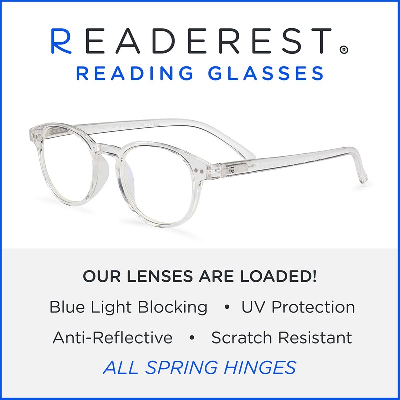 Readerest Round Blue Light Blocking Reading Glasses (Clear, 2.00 Magnification)