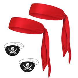 KHC-KHF Pirate-Bandana Pirate-Accessories Pirate-Party Favors Supplies for Men Women Includes 2pcs Red Bandana 2pcs Black Pirate-Eye Patches