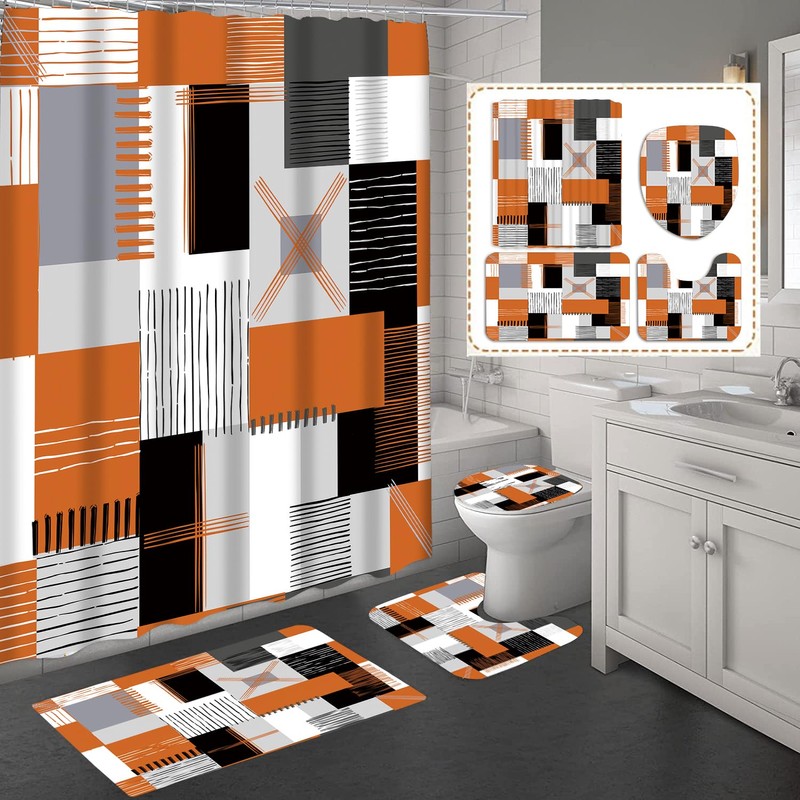 Fall Orange Shower Curtain Set 4Pcs with Bathroom Rugs