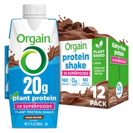 Orgain Vegan Protein Shake,Creamy Chocolate-20g Plant Protein, Ready to Drink,50 Superfoods, 0g Sugar, Gluten Free, No Artificial Sweeteners, No Soy or Dairy Ingredients, 11 Fl Oz (Pack of 12),Bottle