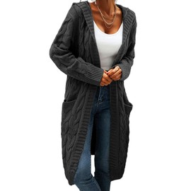 GeGekoko Women's Cardigan with Hood and Pockets, Casual, Long-Sleeved Chunky Knit Cardigan with Open Front, for Autumn, Winter, darkgray