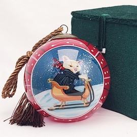 Handcrafted Inside-Painted Glass Ball Ornament - Red-Ski Cat Design by LiBien丨Artistic Holiday Collectible & Unique Choice for Cat Lovers