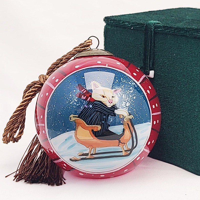 Handcrafted Inside-Painted Glass Ball Ornament - Red-Ski Cat Design by