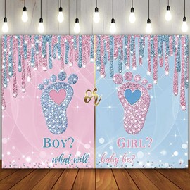 ADOFUN What Will Baby Be Gender Reveal Backdrop 5x3Ft Baby Shower Boy Girl Birthday Party Banner Pink Blue Footprint Event Party Decorations Supplies Photo Backgrounds Polyester Fabric