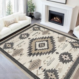 Western Area Rug 4x6 for Living Room Southwestern Aztec Rugs Machine Washable Tribal Navajo Southwest Rug Non Slip Printed Low-Pile Indoor Floor Carpet for Dining Room Bedroom Office, Beige