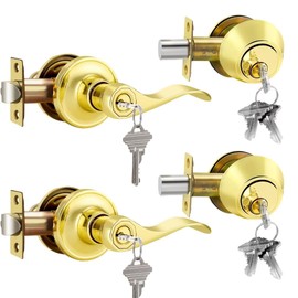 NIZADO 2 Pack Door Lock Sets with Deadbolt Keyed Alike, Double Cylinder Deadbolts, Polished Brass Exterior Door Handle with Lock, Reversible Leverset