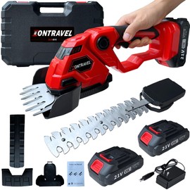 Cordless Hedge Trimmer-21V Electric Shrub Trimmer Grass Shears Handheld Grass Cutter, Hedge Shear with 2 PCS Rechargeable Battery, Charger and Toolbox to for Garden, Lawn, Red