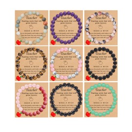 BOMAIL 9PCS Teacher Appreciation Bracelet Gifts for Women Men 8mm Natural Stone Bracelet Teacher Blessing Card Bracelets Thank You Bracelets Set