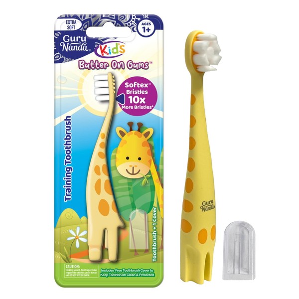GuruNanda Kids Butter On Gums Training Toothbrush with Cover - Cute Giraffe Design, Extra Soft Bristles for Gentle Cleaning - Ergonomic Handle - BPA & Cruelty Free - 1 Pack (Age 1+)