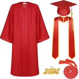 Tigeen Unisex Adult Graduation Gown Cap Tassel Set Matte Uniforms 2025 Charms Cord and Stole for College High School Graduate(57,Red)